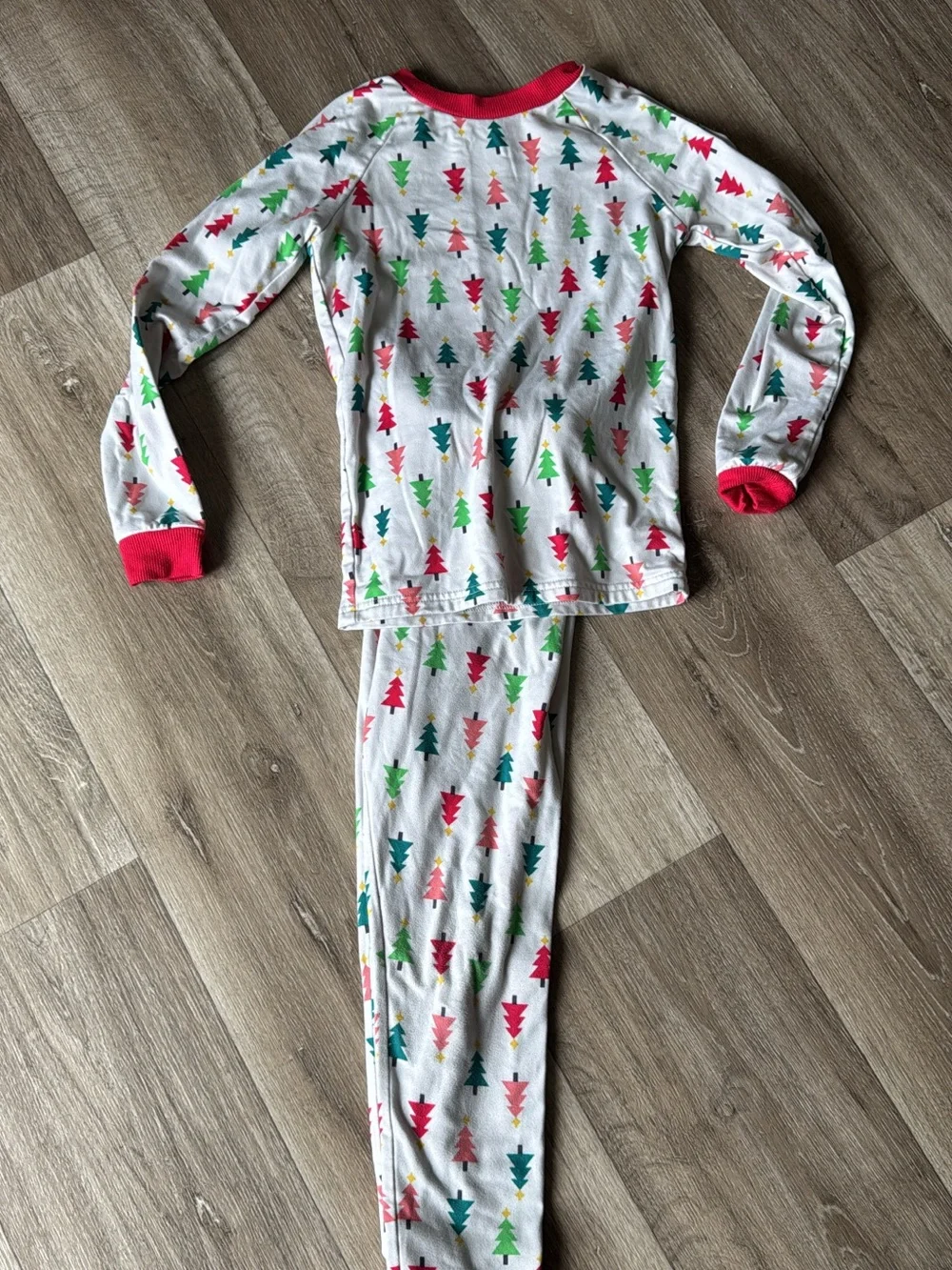 Kids Holiday Tree Print Pajama Set - White with Red Trim